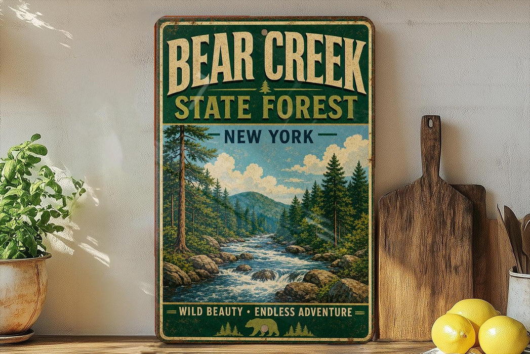 A vintage-style sign for Bear Creek State Forest in New York, featuring a scenic illustration of a forest with a river and mountains in the background.
