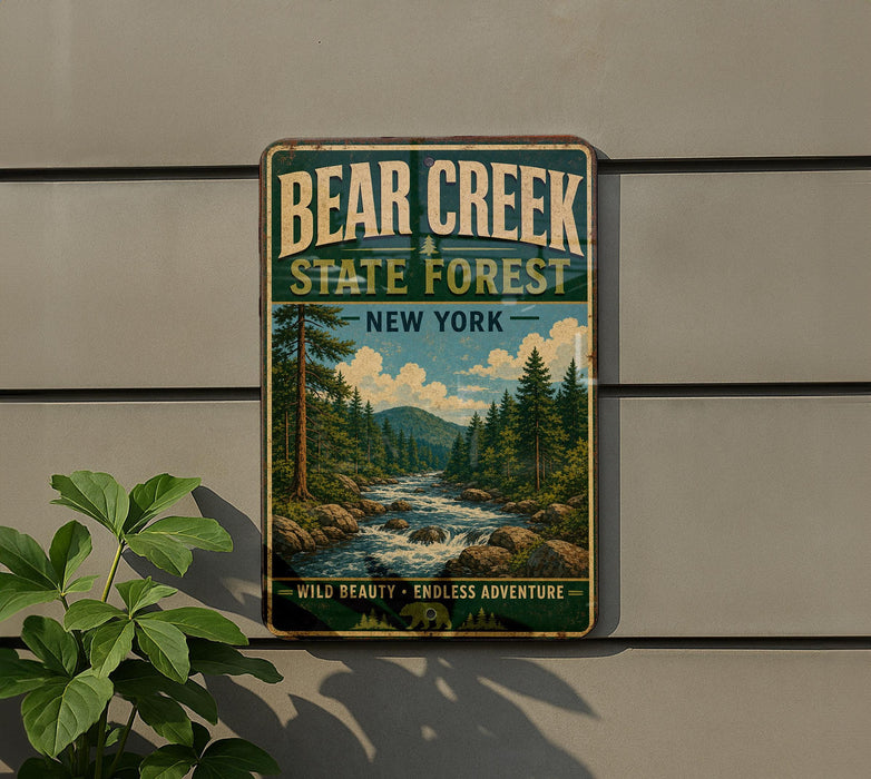 A vintage-style metal sign for Bear Creek State Forest in New York, featuring a scenic landscape with a river and pine trees.