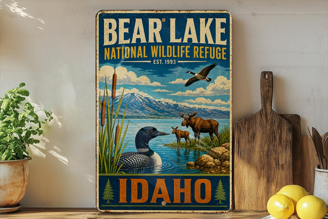 A vintage-style metal sign for Bear Lake National Wildlife Refuge in Idaho, featuring an illustration of various wildlife, including a moose, a loon, and a duck, set against a scenic landscape with mountains and a lake.
