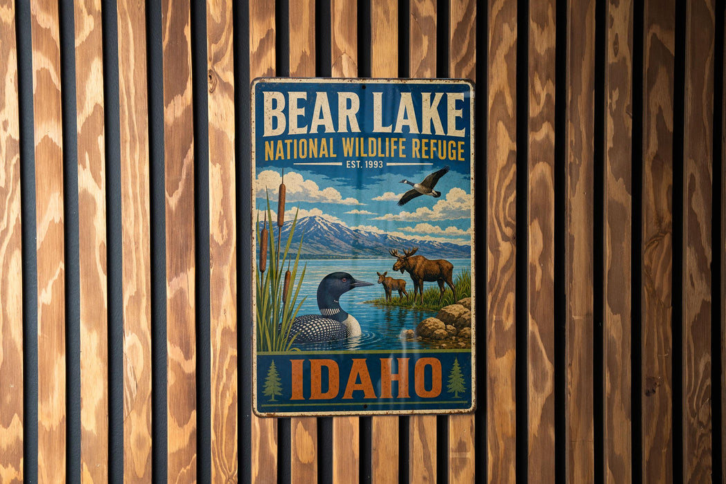 A vintage metal sign for the Bear Lake National Wildlife Refuge in Idaho, featuring an illustration of wildlife in the area.