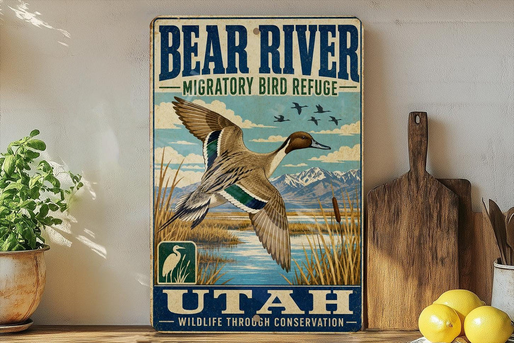 A vintage-style metal sign with a bird illustration and text, mounted on a wall next to a wooden cutting board and some potted plants.