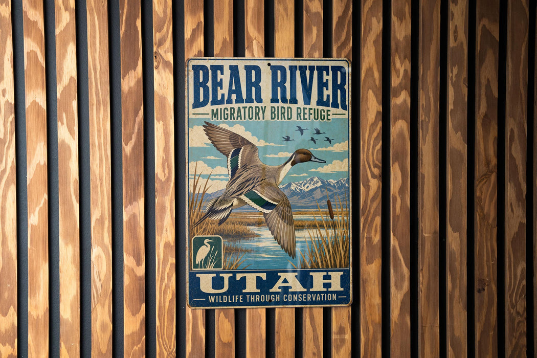 A metal sign with a bird illustration and text, mounted on a wooden wall.