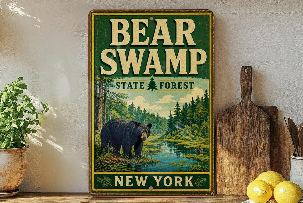 A vintage-style sign for Bear Swamp State Forest in New York, featuring a black bear in a forest setting.