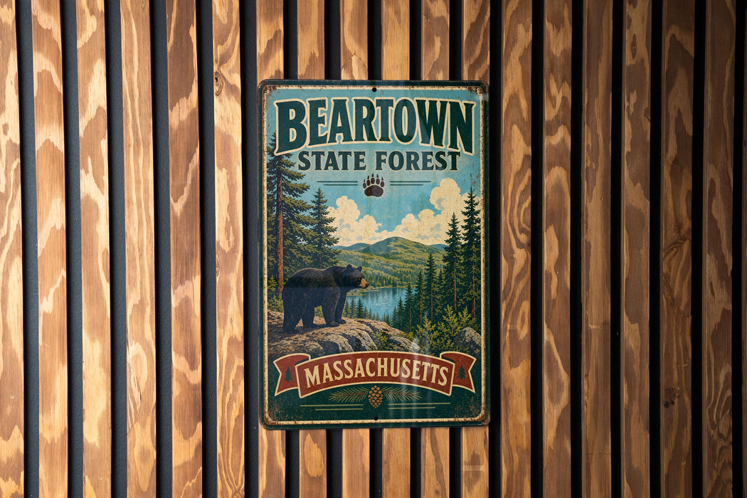 A vintage metal sign for the Bearstown State Forest in Massachusetts, featuring a bear standing on a rock and surrounded by pine trees and mountains.