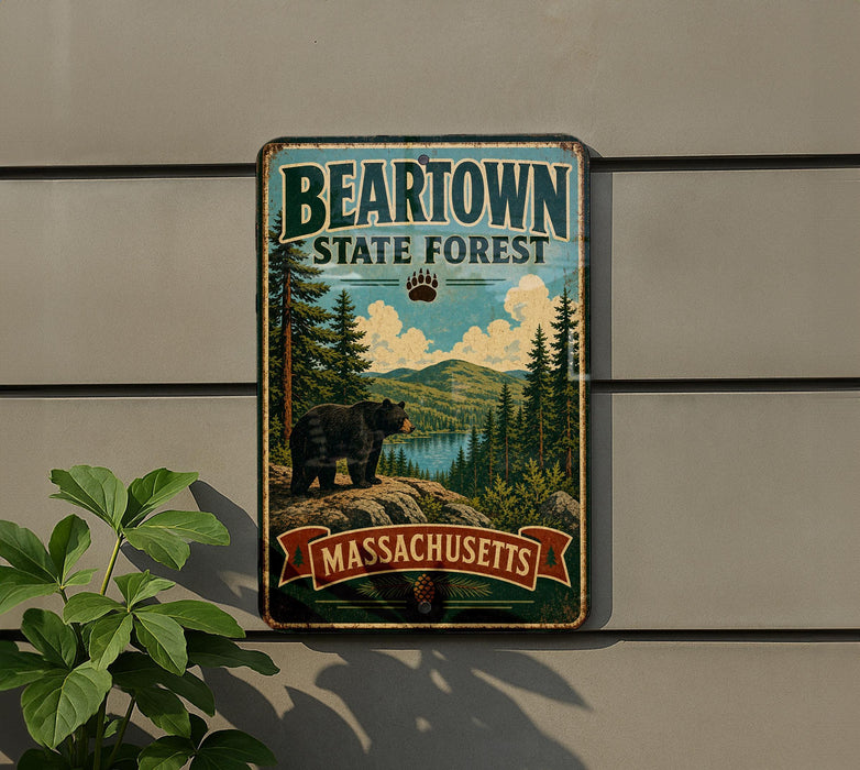 A vintage metal sign for the Bearstown State Forest in Massachusetts, featuring a bear and a scenic landscape.
