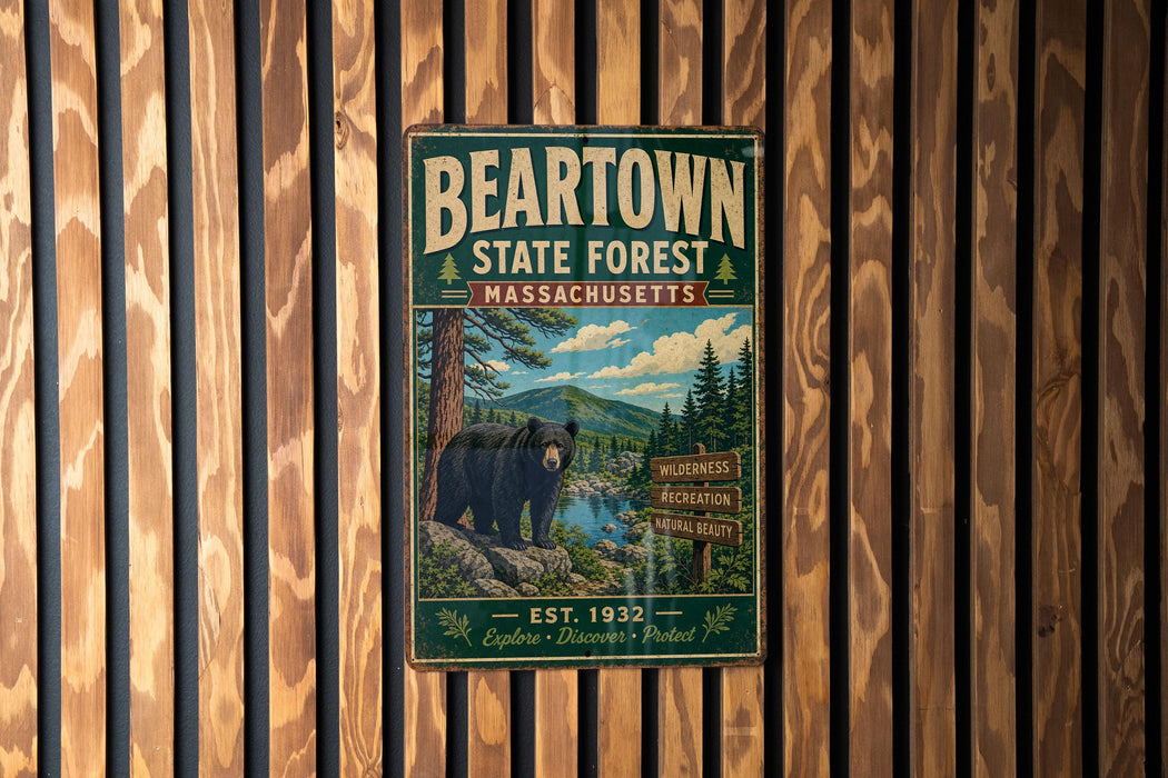 A vintage metal sign for the Beartown State Forest in Massachusetts, featuring a bear and a scenic landscape.
