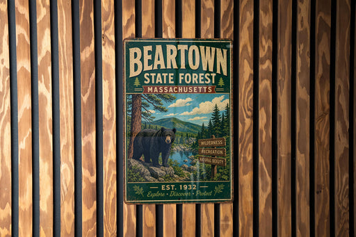 A vintage metal sign for the Beartown State Forest in Massachusetts, featuring a bear and a scenic landscape.