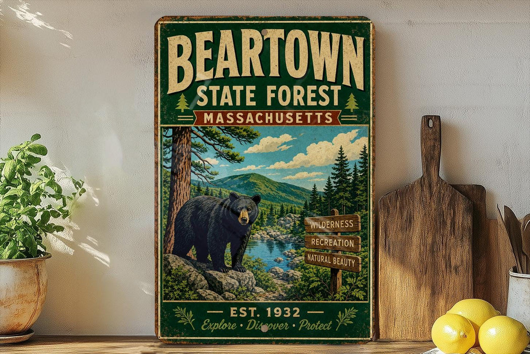 A vintage-style sign for the Beartown State Forest in Massachusetts, featuring a black bear in a forest setting.