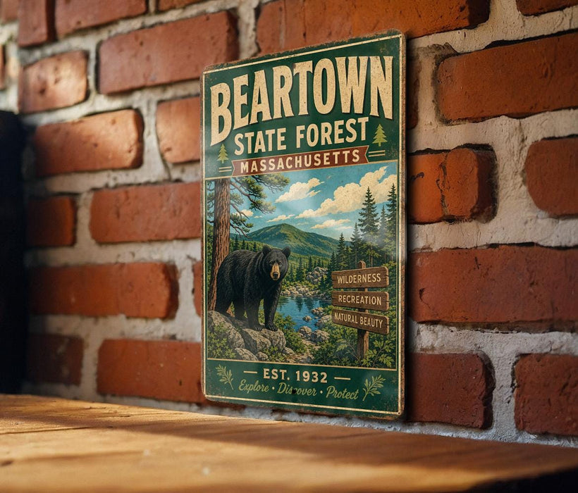 A vintage-style metal sign for the Beartown State Forest in Massachusetts, featuring a black bear in a forest setting.
