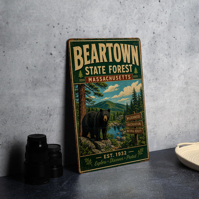 A vintage-style metal sign for the Beartown State Forest in Massachusetts, featuring a bear and a scenic landscape.