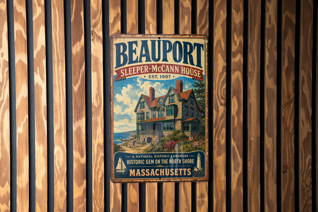 A vintage-style metal sign for the Sleeper-McAnn House, a historic landmark in Massachusetts, is displayed on a wooden wall.