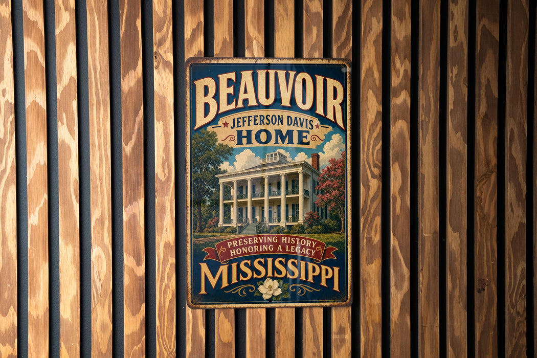 A vintage-style metal sign with the text "BEAUVOUIR JEFFERSON DAVIS HOME" and "PRESERVING HISTORY MONSTERING A LEGACY MISSISSIPPI" is displayed on a wooden wall.