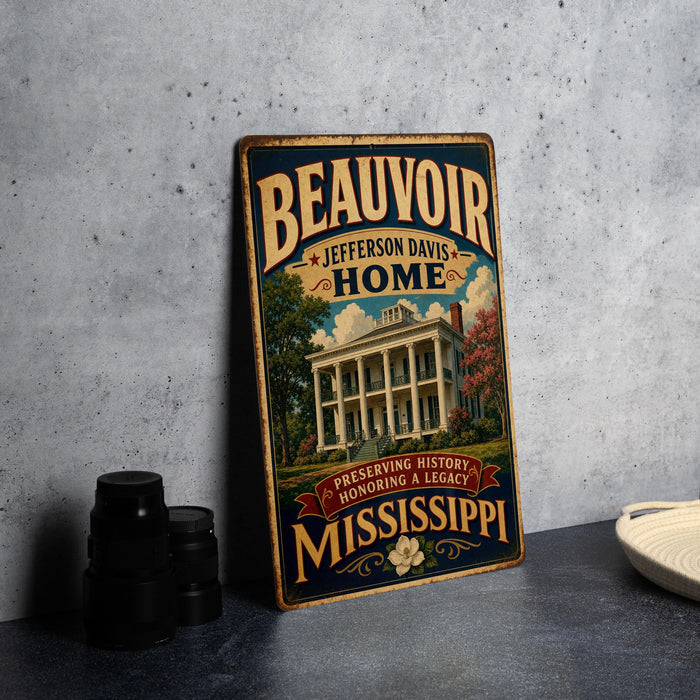 A vintage-style metal sign for "Beauvoir Home" in Mississippi, featuring an illustration of a historic building surrounded by trees and flowers.