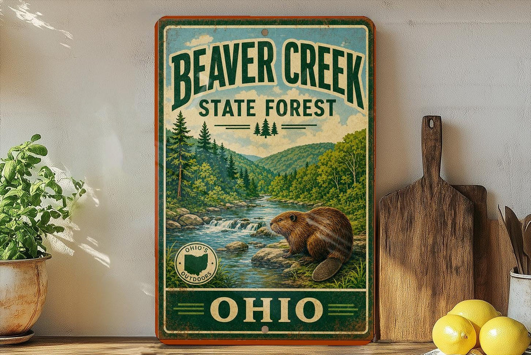 A vintage-style sign for Beaver Creek State Forest in Ohio, featuring a beaver in a natural setting with a river and trees.