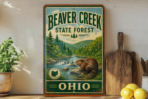 A vintage-style sign for Beaver Creek State Forest in Ohio, featuring a beaver in a natural setting with a river and trees.