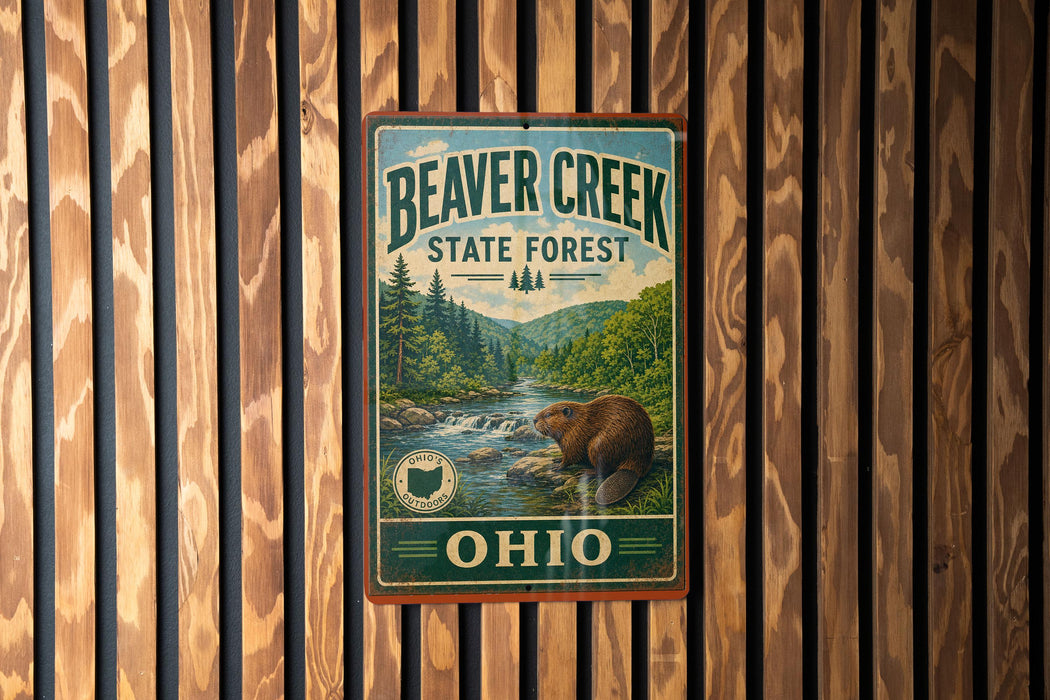 A vintage metal sign for Beaver Creek State Forest in Ohio, featuring a beaver in a forest setting.