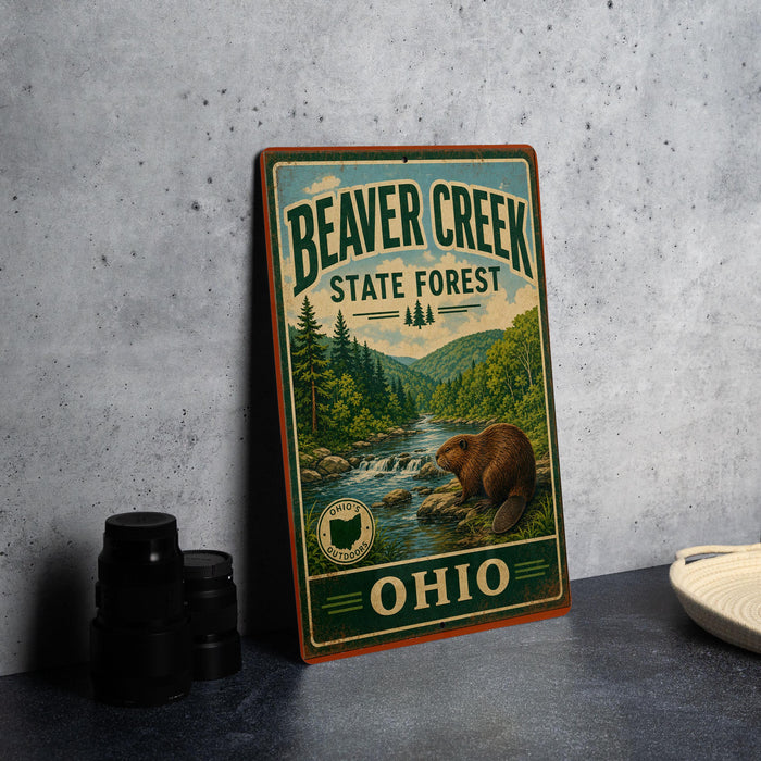 A vintage-style sign for Beaver Creek State Forest in Ohio, featuring a beaver in a forest setting.