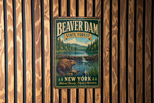 A vintage metal sign for Beaver Dam State Forest in New York, featuring an illustration of a beaver in a dam surrounded by a forest landscape.