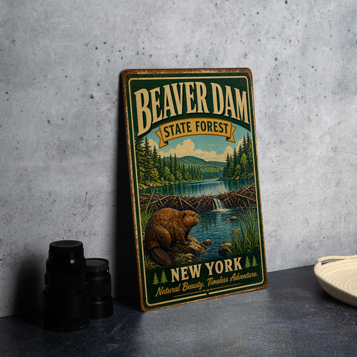 A vintage-style metal sign for Beaver Dam State Forest in New York, featuring a beaver and a scenic landscape.
