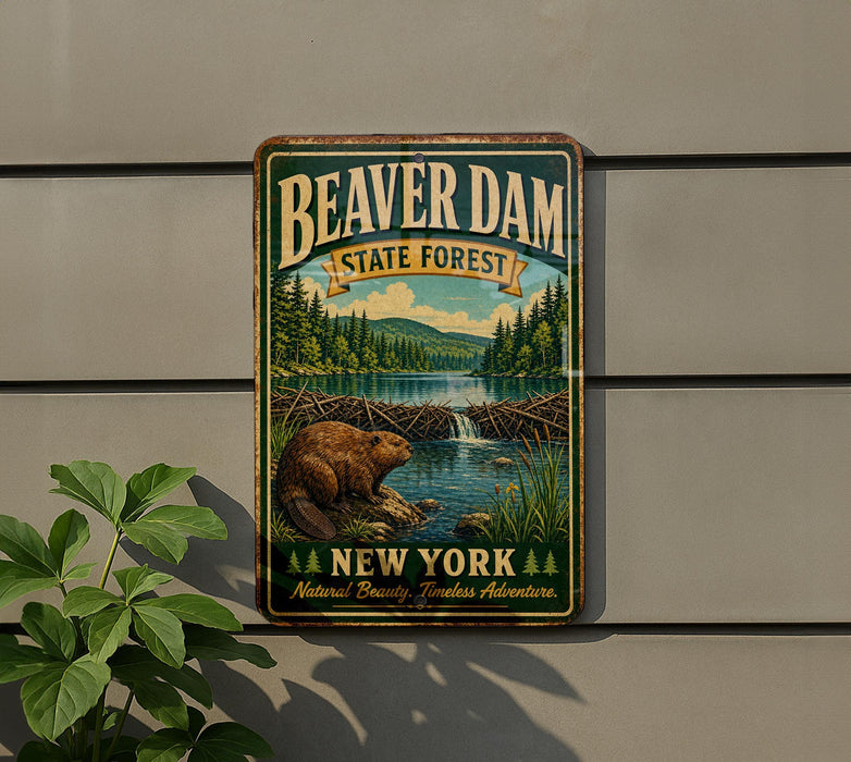 A vintage-style metal sign for Beaver Dam State Forest in New York, featuring a beaver in a forest setting and a waterfall.