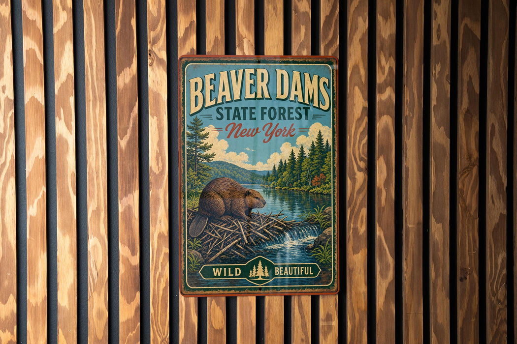 A vintage-style metal sign for Beaver Dam State Forest in New York, featuring an illustration of a beaver and a scenic landscape.