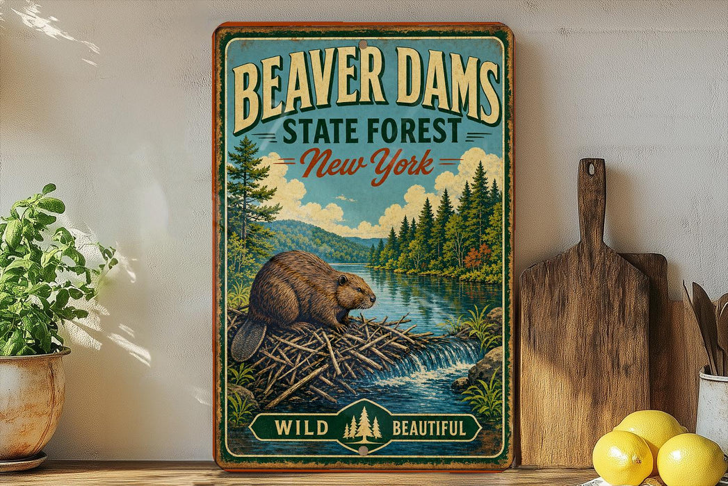 A vintage-style poster advertising Beaver Dam State Forest in New York, featuring a beaver in a dam surrounded by a forest landscape.
