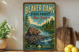 A vintage-style poster advertising Beaver Dam State Forest in New York, featuring a beaver in a dam surrounded by a forest landscape.