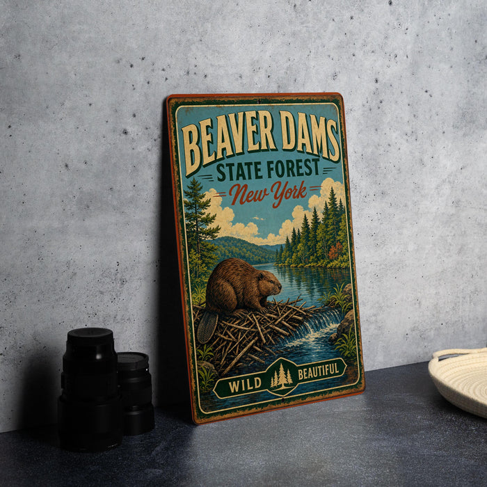 A vintage-style metal sign for Beaver Dam State Forest in New York, featuring an illustration of a beaver in a forest setting.