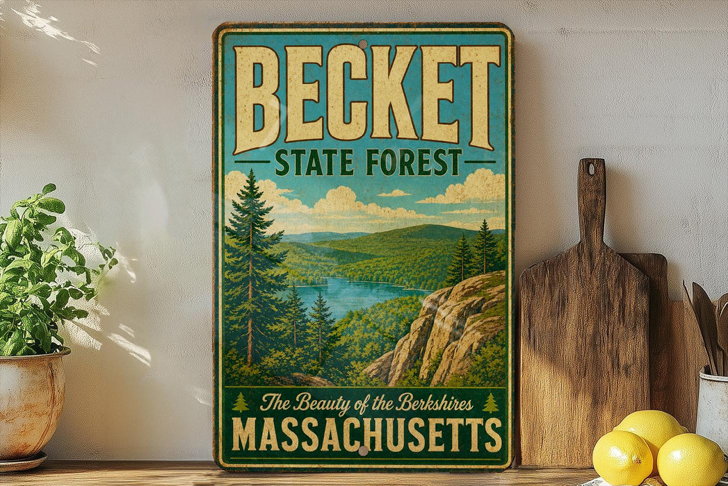 A vintage-style metal sign for the Becket State Forest in Massachusetts, featuring a scenic landscape with pine trees, a lake, and mountains.