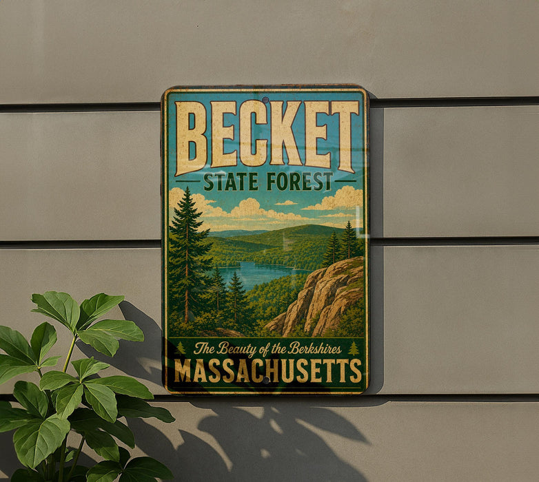 A vintage-style metal sign for the Becket State Forest in Massachusetts, featuring a scenic landscape with pine trees, a lake, and mountains.
