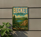 A vintage-style metal sign for the Becket State Forest in Massachusetts, featuring a scenic landscape with pine trees, a lake, and mountains.