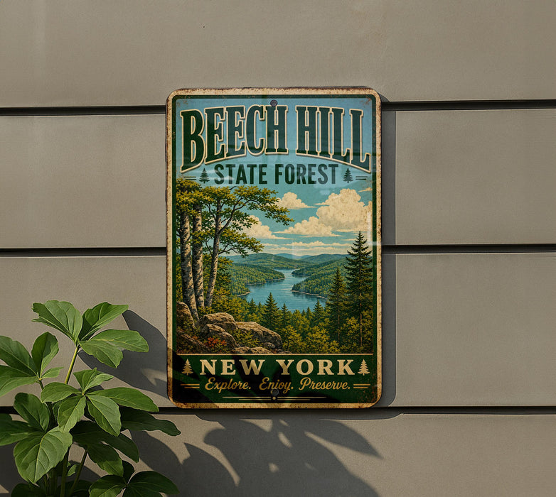 A vintage metal sign for Beech Hill State Forest in New York, featuring a scenic landscape with trees, a river, and mountains.