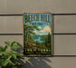 A vintage metal sign for Beech Hill State Forest in New York, featuring a scenic landscape with trees, a river, and mountains.