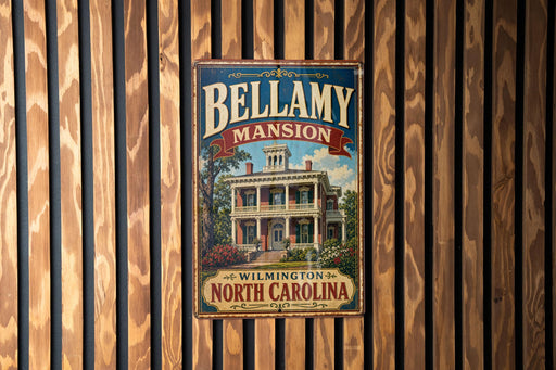 A vintage-style sign for Bellamy mansion in Winston-Salem, North Carolina, featuring an illustration of the mansion and the text "Bellamy mansion" prominently displayed.