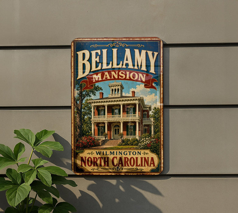 A vintage-style sign for Bellamy mansion in Wilmington, North Carolina.