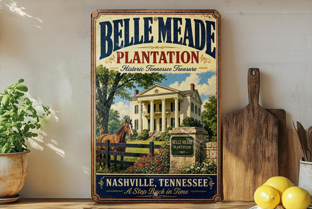 A vintage-style sign for Belle Meade Plantation in Nashville, Tennessee, featuring a large image of a historic plantation house surrounded by trees and a horse.