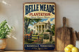 A vintage-style sign for Belle Meade Plantation in Nashville, Tennessee, featuring a large image of a historic plantation house surrounded by trees and a horse.