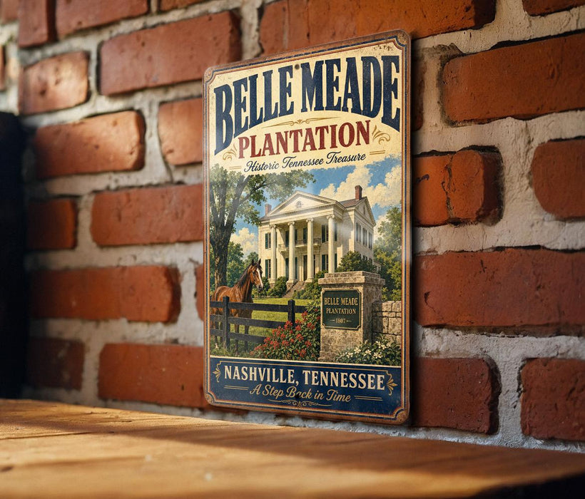A vintage-style metal sign for Belle Meade Plantation, featuring an illustration of a historic plantation house with a horse in the foreground.