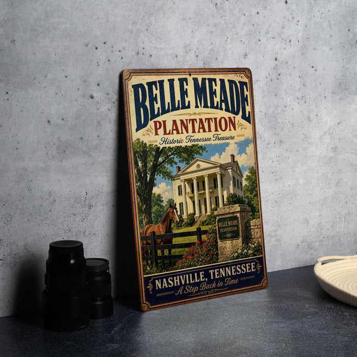 A vintage-style metal sign for Belle Meade Plantation in Nashville, Tennessee, featuring an illustration of a horse and a large white house with columns.