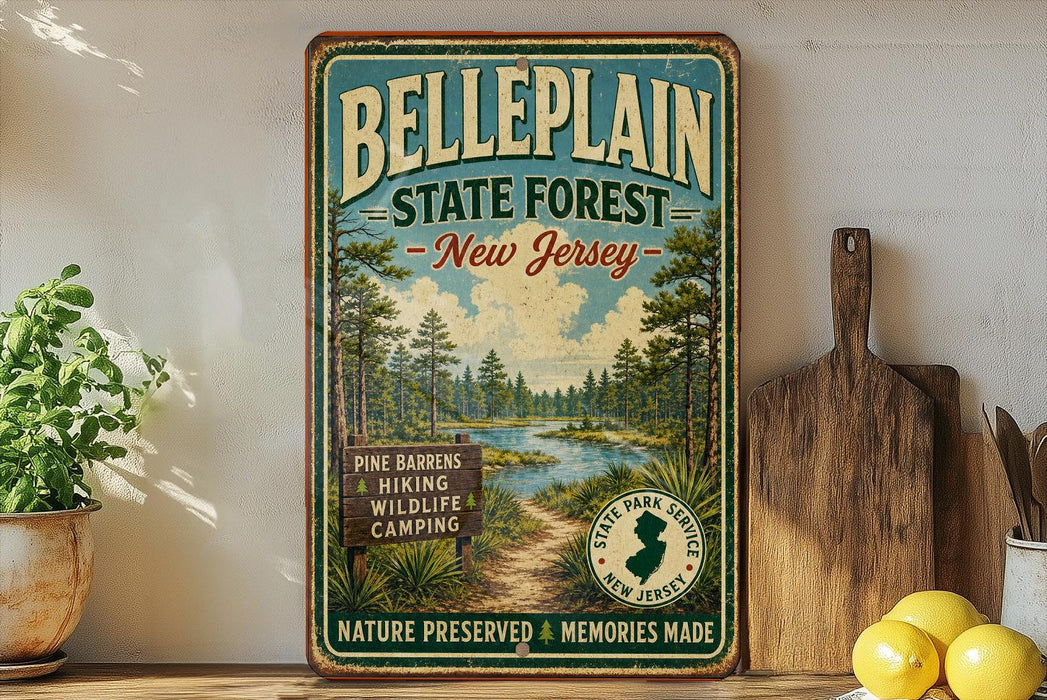A vintage-style metal sign for Belleplain State Forest in New Jersey, featuring a scenic illustration of pine trees, a river, and a path.
