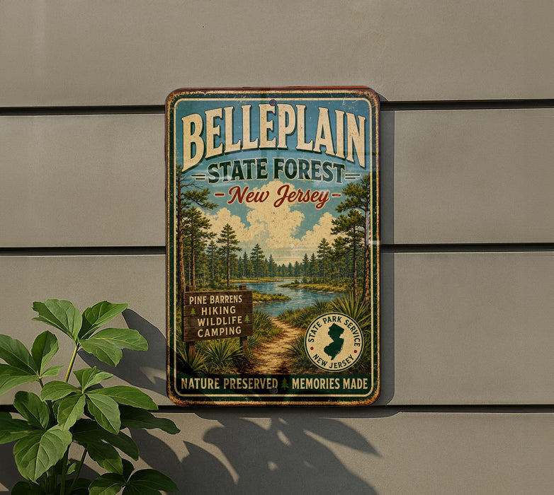 A vintage metal sign for Belleplain State Forest in New Jersey, featuring a scenic illustration of pine trees, a river, and a path.