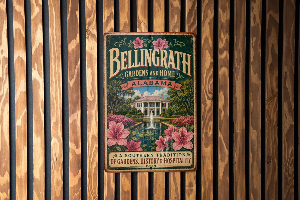 A vintage metal sign for Bellingham Gardens and Home in Alabama, featuring a garden scene with a fountain and pink flowers.