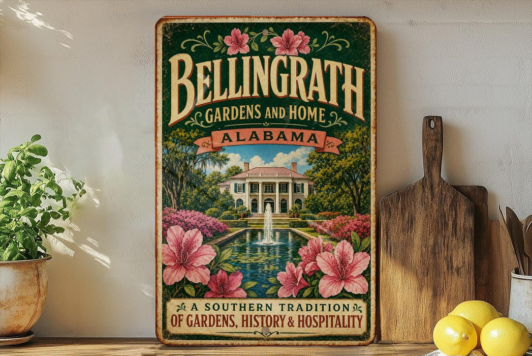A vintage-style sign for Bellingrath Gardens and Home in Alabama, featuring a garden scene with a fountain and pink flowers.