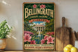 A vintage-style sign for Bellingrath Gardens and Home in Alabama, featuring a garden scene with a fountain and pink flowers.