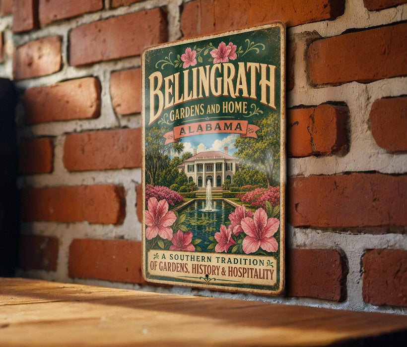 A vintage-style metal sign with a floral design hangs on a brick wall, advertising Bellingrath Gardens and Home in Alabama.