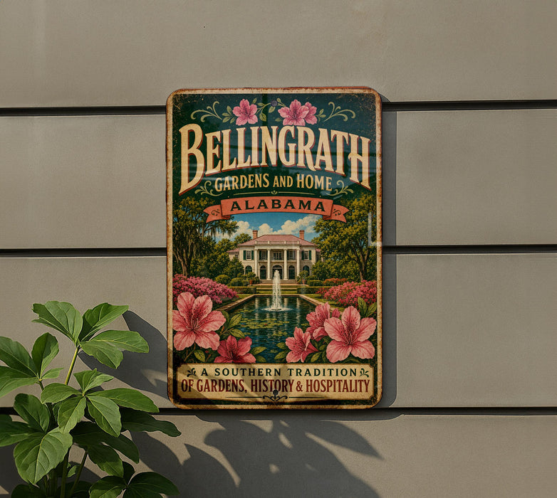 A vintage-style metal sign for Bellinggrath Gardens and Home in Alabama, featuring a garden scene with a fountain and pink flowers.