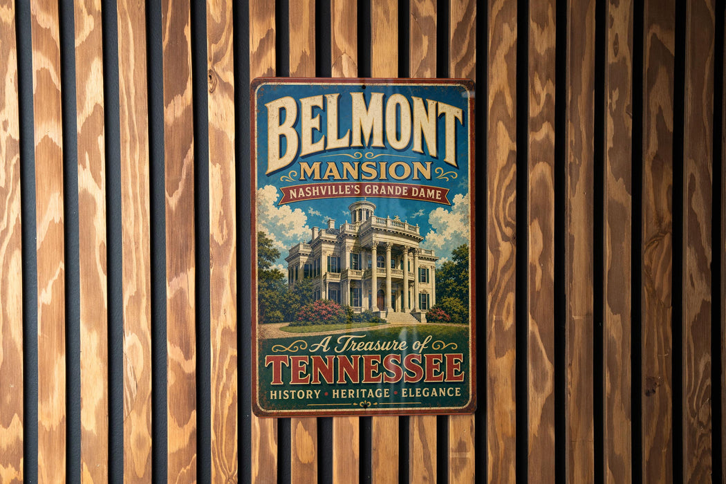 A vintage metal sign for Belmont mansion in Nashville, Tennessee, featuring a large illustration of the mansion and the text "Belmont mansion Nashville's Grand Dame" against a wooden background.
