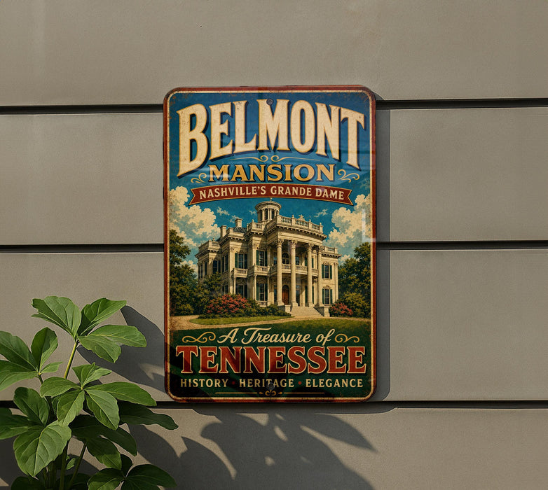 A vintage-style metal sign for Belmont Mansion in Nashville, Tennessee, featuring an illustration of the mansion and the text "Belmont Mansion, Nashville's Grande Dame, A Treasure of Tennessee, History, Heritage, Elegance".