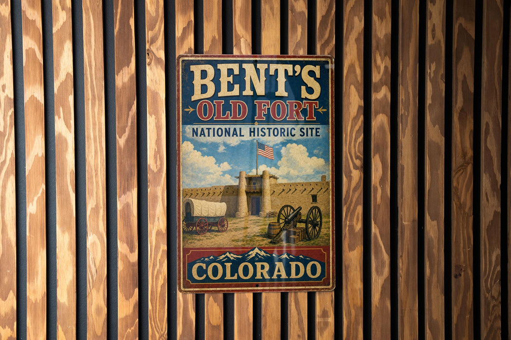 A vintage metal sign for Bent's Old Fort, a National Historic Site in Colorado, is displayed on a wooden wall.
