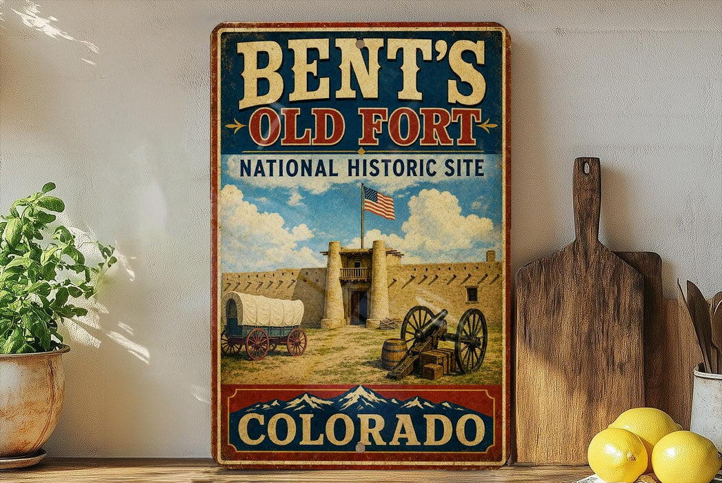 A vintage-style sign for Bent's Old Fort, a National Historic Site in Colorado, featuring a wagon and a cannon in the foreground.